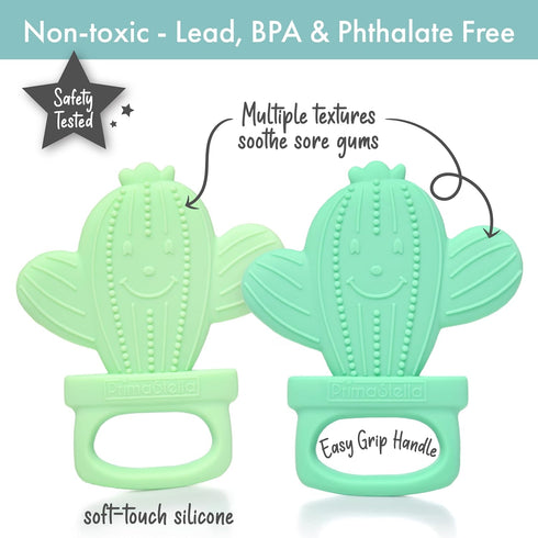 PrimaStella Silicone Cactus Teethers for Infants, BPA Free, Baby Teether Toy Set of 2 - Green & Neo Mint