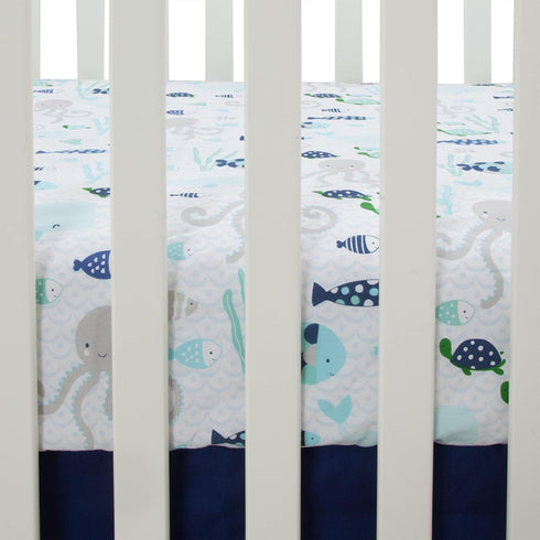 Oceania Fitted Crib Sheet by Lambs & Ivy - 100% Cotton, White with Blue Nautical Fish and Octopus