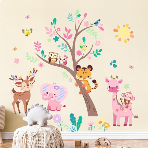 Supzone Jungle Animals Tree Wall Decals Pink Elephant Giraffe Wall Stickers for Kids Girls Bedroom Living Room Baby