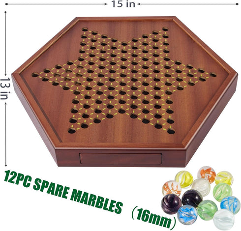 15" 16mm 60+12 VAMSLOVE Chinese Checkers Large Upgraded Version Wooden Game Board, Colorful Glass Marbles, Easy