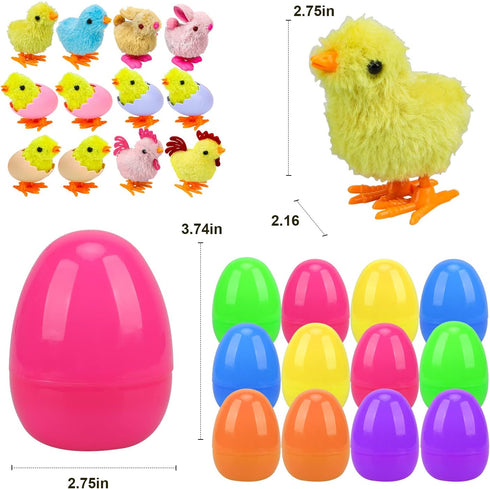 12 Packs TOY Life Easter Eggs Filled with Wind Up Chicks and Plush Bunnies, Plastic Easter Eggs Toys Inside, Easter