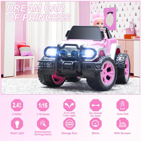 Carox Remote Control Car for Girls - Pink RC Car with Doll and Sticker, 1:16 Scale, Rechargeable Battery, Birthday Gift