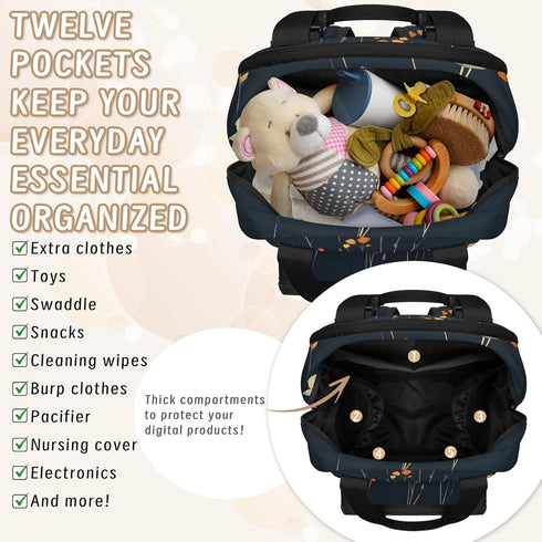 Shoblo Backpack Poppy Black Diaper Bag for Travel, Waterproof Diaper Bag with Insulated Bottle Pockets & USB Port