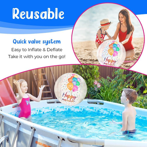 20" Clear Inflatable Beach Ball for Pool Birthday Party, Happy Birthday Decorations and Outdoor Fun Games