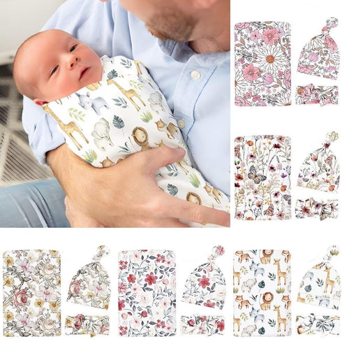 Newborn Swaddle Set with Matching Headband Hat - Floral Baby Girl Receiving Blankets, Wildflower Baby Blanket