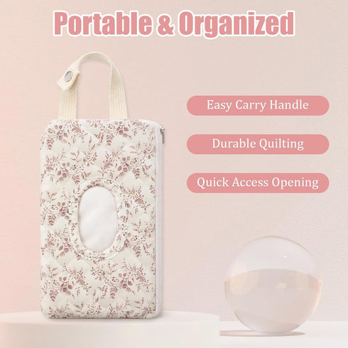 Hadnves Mommy Quilted Diaper Wipe Pouch Hanging Floral Wet Wipes Bag Reusable Fabric Cover with Zipper & Lanyard
