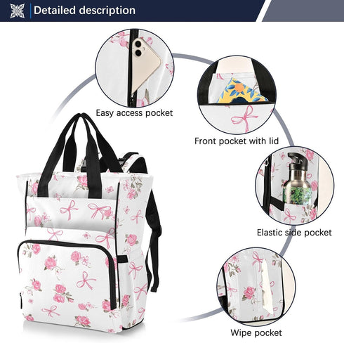 Bolaz Backpack Pink Rose Bow White Diaper Bag Tote Multifunction Baby Nappy Changing Bags Large with Stroller Straps