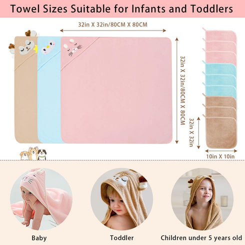 GINUMWA 12 Set, 32x32 Inch 3 9 PCS Hooded Baby Towel Absorbent Baby Bath Towels, PCS Soft Hooded Towels & PCS