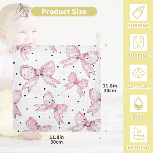 YETTASBIN 4 5 Pack Bow Pink Muslin Baby Hand Washcloths, Soft Cotton Bath Face Towel, Layers Extra Absorbent Feeding