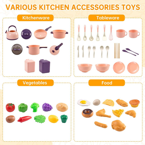 Zero Zoo 60Pcs Set Sets, Kids Mini Play Kitchen Accessories, Pretend Cooking Play with Cookware, Tableware & Fruit