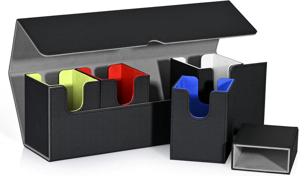 Card Storage Box with Dice Tray for MTG, 5 in 1 Card Deck Case Holds 900+ Unsleeved Cards, Strong Magnet Organizer