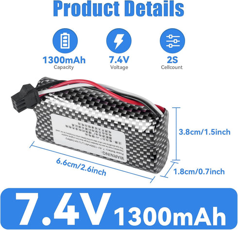 HJ 7.4V 1300mAh SM3P Li-ion Batteries with 2S Charging Cable for Hobby Remote & App Controlled Vehicle Toys