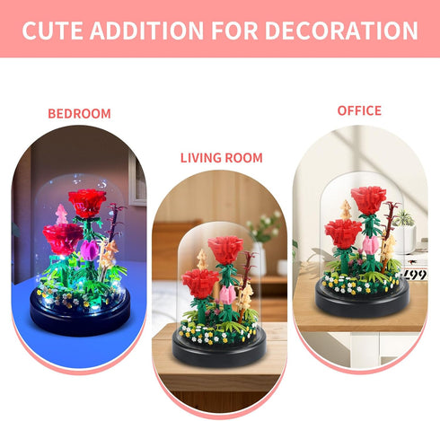 Water Bottle Sets 593 Flower Bouquets Building with LED String Light and Dust Cover, Pcs Flower Mini Brick Block, Red