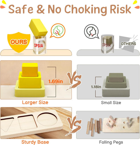 1 2 3 1-4 PEBIRA Montessori Toys for Year Old Boys Girls Toddlers, Heightened Peg-Free Wooden Stacking Toys, Shape