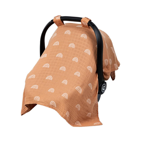 Meracorallo Muslin Baby Car Seat Cover, Boho Rainbow Infant Carrier Cover Lightweight Breathable Soft Carseat Canopy