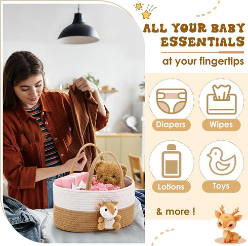FoldTier Cute Deer Diaper Caddy Organizer Cotton Rope Woodland Nursery Storage Bin Basket Baby Shower Basket Gift