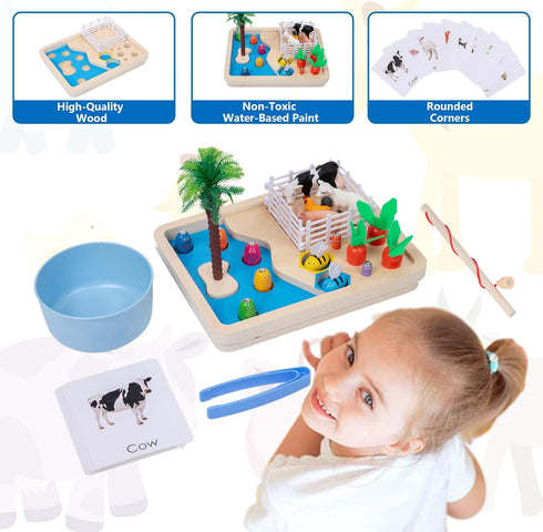 Adena Montessori Farm Animals Toys: Fishing Game Playset with Fence, Animals, Trees, and More for Toddlers