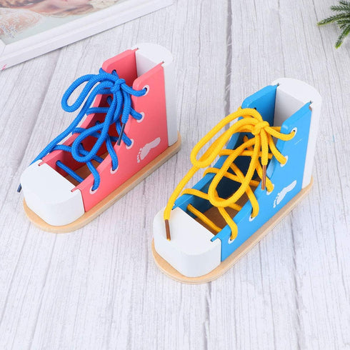 STOBOK 2pcs Wood Lacing Sneaker Tie-Up Shoe Threading Toy Montessori Educational Toys (Blue + Pink)
