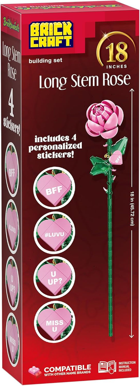 Set, 102 18 Inch 8+ Brickcraft Bricktanicals Pink Long Stem Rose Building Pieces, Buildable Flower, Romantic Valentines