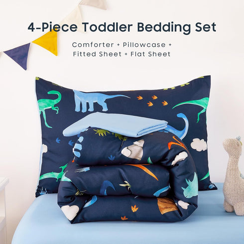 Set 4 Set Wake In Cloud - Toddler Bedding for Boys, Pieces Soft Crib Bed Including Comforter, Fitted Sheet, Flat Top