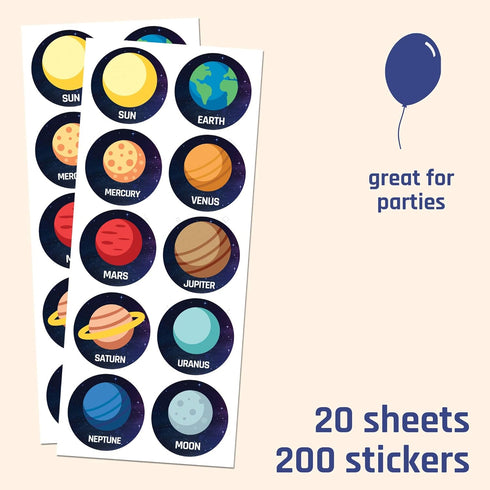 Planet Solar System Stickers for Kids - 1.5" - 20 Sheets, 200 Stickers