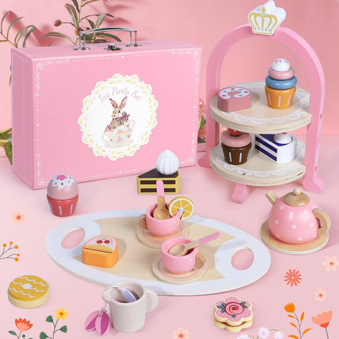 Set Set 2-5 Wooden Tea Party for Little Girls, Toddler Girl Gifts Princess Tea Time Toys, Wooden Tea Food Dessert, Kids