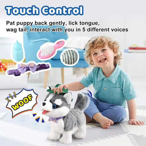 Ylpaprm Walking Husky Barking Dog Toy for Child Kid Licking Talking Puppy with Leash, Interactive Puppy that Barks Tail