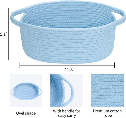 ABenkle Small Woven Basket, 12"x 8" x 5" Cute Small Basket, Rope Room Shelf Storage Basket, Cat Dog Toys Basket Chest Box, Empty Decorative Gift Basket with Handles -Blue