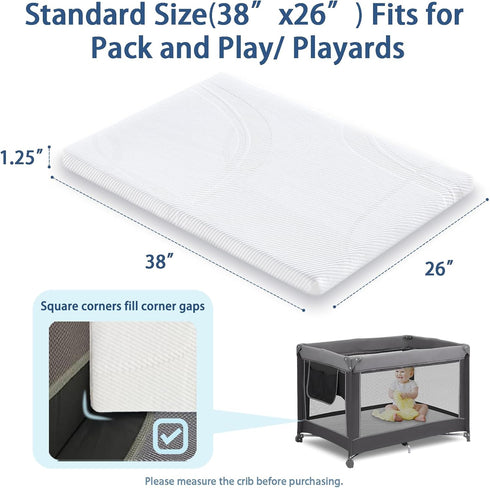Pack 38" 26" 1.25", Pack and Play Mattress x x Soft Breathable Playard & N Play Mattresses with Washable Waterproof