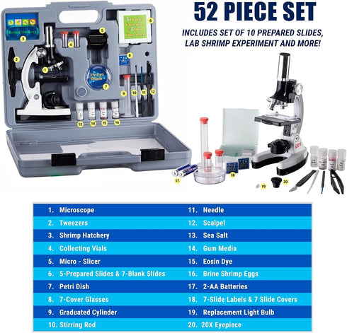 AmScope 120X-1200X Beginner Microscope STEM Kit, 52-pcs with Metal Body, LED Light, and Carrying Box