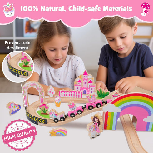 Set 43PCS Sets SIMPLIPLAY Wooden Train - Unicorn Magnetic Toy Train with Wooden Train Tracks & Bridge for Girls