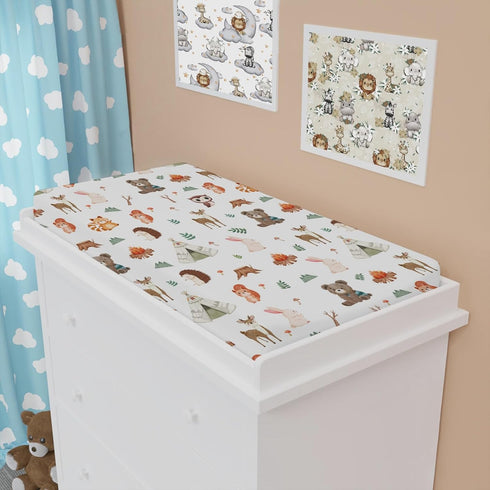 Camping Woodland Animals Changing Pad Cover, 32"x16" Cute Bear Raccoon Squirrel for Boys Girls