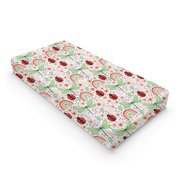 Spring Garden Dragonfly Changing Pad Cover, Boho Retro Flowers Leaves for Boy Girl, Soft Stretch Fitted 32''x16''