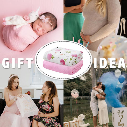 NOOVIA 2-Pack 43x47in, Baby Swaddle Blankets, Cotton Muslin, Extra Large Floral Pattern & Solid Pink, Soft Newborn