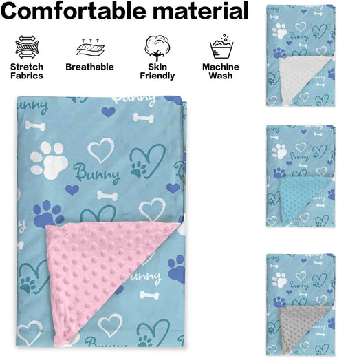 Personalized Baby Blankets for Boys Girls Custom Light Blue Baby Girl Blanket with Cute Puppy Paw Print Design, Soft