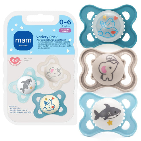 MAM Variety Pack Baby Pacifier, Includes 3 Types of Pacifiers, Nipple Shape