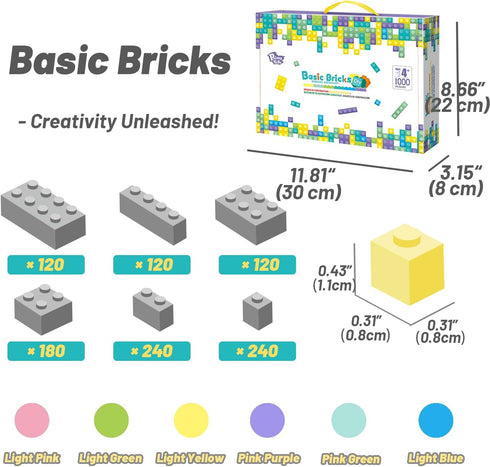 Classic Building Bricks Playset, 1000 Pieces Bulk Blocks Set, STEM Toys for Kids 4+ Years Old, Compatible with All