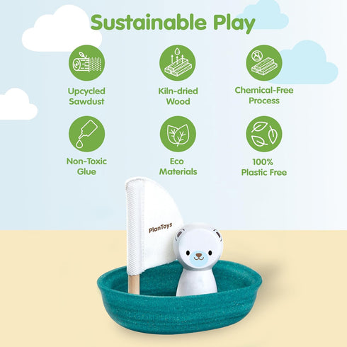 PlanToys Polar Bear Sailing Boat Bath Toy for Toddlers | Montessori Wooden Water Toys for Kids | Eco-Friendly Floating