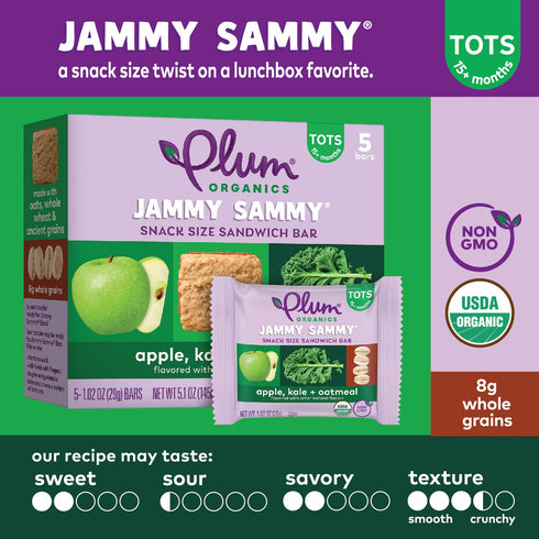 Plum Organics Jammy Sammy Snack Bars - Apple, Kale, Oatmeal, 1.02 oz Bars, Pack of 30, Organic Toddler Snacks