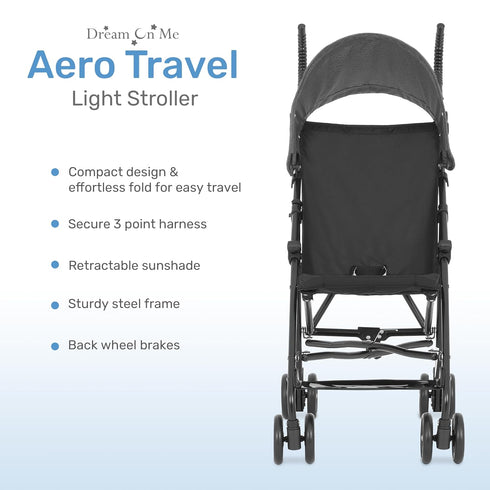 3-Point Dream On Me Aero Travel Umbrella Stroller, One-Hand Quick Fold, Safety Harness, Dual Brakes, Adjustable