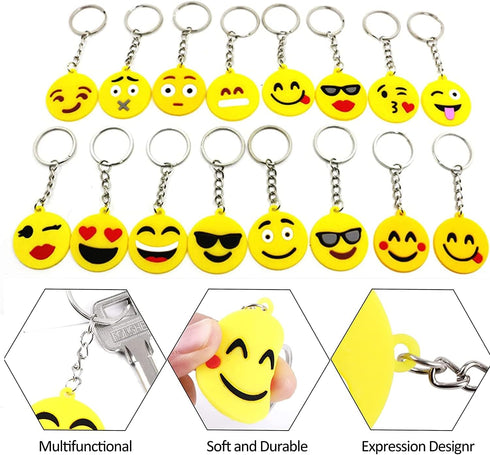 64 Pack Mini Emoticon Keychain Plush (16 expressions), Cute Keychains for Kids, Party Favors, Valentine's Day Gifts