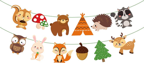 CC HOME Woodland Creatures Banner - Forest Animal Friends Bunting for Kids, Baby Shower, Birthday Party Decoration