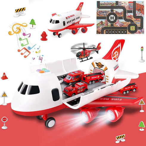 Dwi Dowellin Airplane Toy with Fire Truck Cars and Play Mat - Lights and Sounds for 3+ Years Old