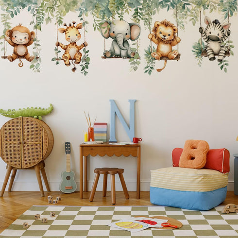 Jungle Animal Wall Decals,Jungle Animals Monkey Elephants, Lions, Zebras, Giraffes Vine Leaves Wall Stickers,Zoo