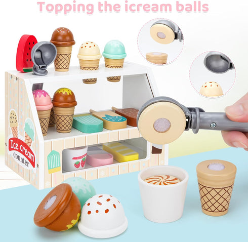 Counter 3 4 5 6 ZJEFUNS Wooden Ice Cream Toys for Kids Ice Cream Shop for Toddlers Pretend Play Food Scoop and Serve