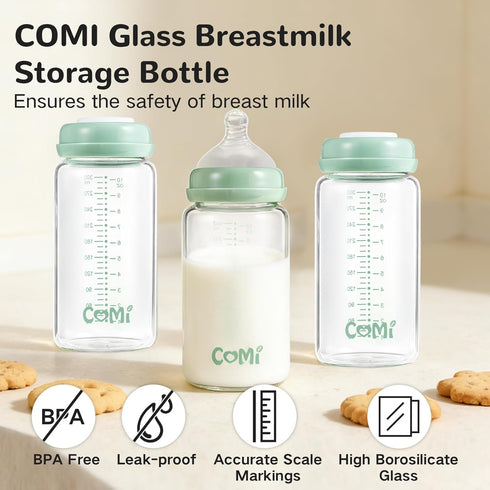 4 Packs,10oz Pumps&Nipples(4 COMI Wide Neck Glass Breastmilk Collection n Storage Bottle, with Screw Ring Sealing