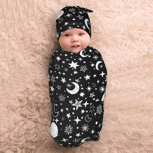 Osvbs Set Moon Star Baby Stuff Swaddle Blanket Wrap Baby Newborn Blanket Soft Stretchy With Hat Gift For Infant Boy