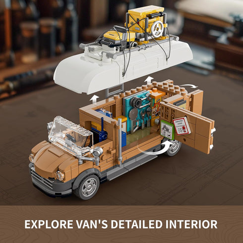FUNWHOLE Carpentry Van Lighting Building-Bricks Set, 496 Pcs Farm Woodworker Car Collectible Display for Adults