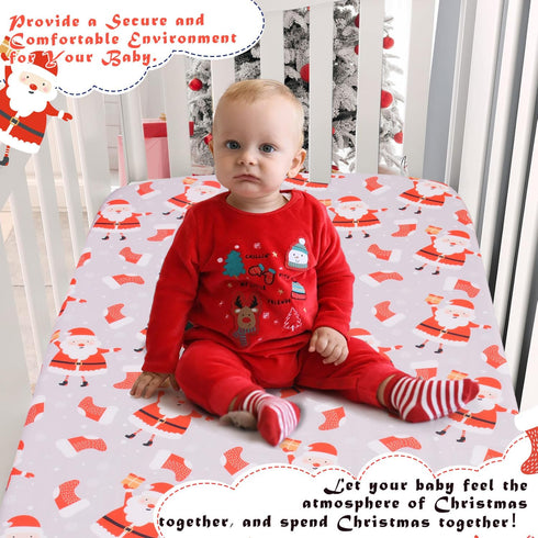 52'' 28'' Christmas Crib Sheet, Fitted Crib Sheet with Santa Claus, Christmas Stocking, Snowflake, Measuring x to fit