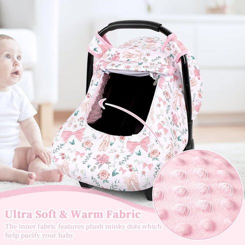 2 Cozy Baby Car Seat Cover Winter, Windproof Carseat Covers for Newborn with Layers Window, Pink Flowers Infant Car